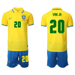 #20 VINI JR Brazil Yellow 2022 Qatar World Cup Home Replica Jersey (With Shorts)