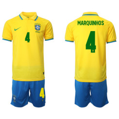 #4 MARQUINHOS Brazil Yellow 2022 Qatar World Cup Home Replica Jersey (With Shorts)