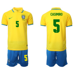 #5 CASIMRO Brazil Yellow 2022 Qatar World Cup Home Replica Jersey (With Shorts)