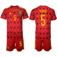 5 SERGIO Spain Red 2022 Qatar World Cup Home Replica Soccer Jersey (With Shorts)