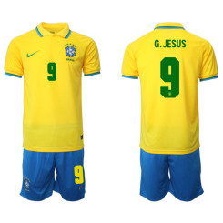 #9 G.JESUS Brazil Yellow 2022 Qatar World Cup Home Replica Jersey (With Shorts)