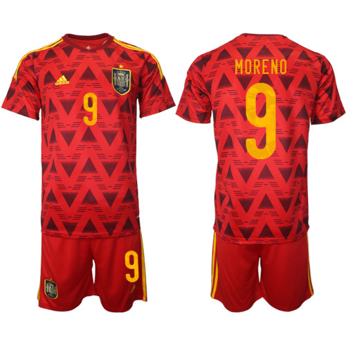 9 MORENO Spain Red 2022 Qatar World Cup Home Replica Soccer Jersey (With Shorts)